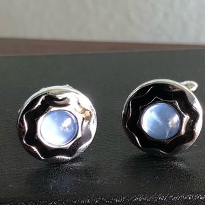 Blue gem black enamel Silvertone cufflinks